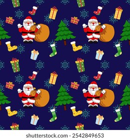 A fun and colorful Christmas pattern featuring Santa Claus, Christmas trees, stockings, gifts, and snowflakes on a deep blue background, perfect for holiday-themed designs and decorations.