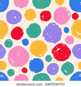 Fun colorful circle seamless pattern. Hand drawn doodle round shapes art background. Polka dot creative backdrop for kids party. Vector texture