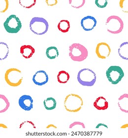 Fun colorful circle seamless pattern. Hand drawn doodle round shapes art background. Polka dot creative backdrop for children party. Vector texture