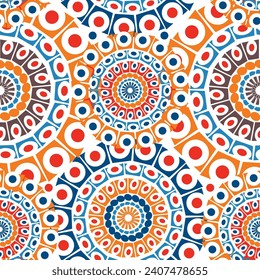 Fun colorful circles seamless pattern for background, fabric, textile, wrap, surface, web and print design. Vintage vibes pink and yellow color repeatable motif.