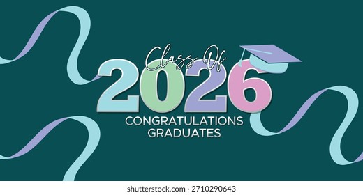 Fun and colorful Class of 2026 banner with bright ribbon shapes, perfect for cheerful graduation themes