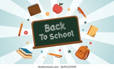 Fun and colorful classroom elements with chalkboard sign welcoming new school year