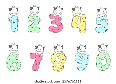 A fun and colorful cow animal number set with cartoon animals representing each letter for kids