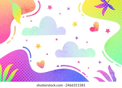 Fondo creativo divertido y colorido con nubes, estrellas, corazones y flores. Fondo vibrante del gradiente para los niños o la celebración del partido