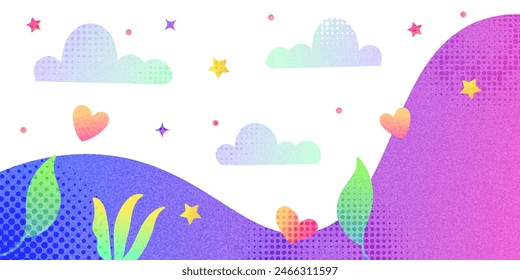 Fun and Colorful Creative Background with Clouds, Stars, Hearts and Flowers. Vibrant Gradient Background for Kids or Party Celebration