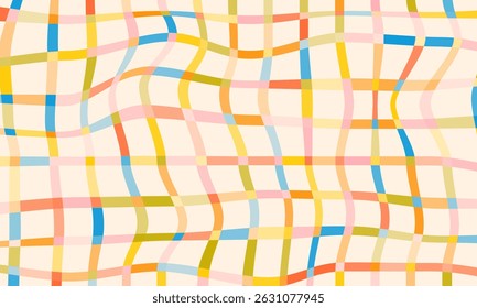 Fun colorful crossed lines grid vector background. Abstract geometric backdrop in childish doodle style. Retro rainbow plaid design. Festive playful multi colored striped banner template.