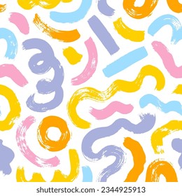 Fun colorful curved lines seamless pattern. Bold doodle squiggles seamless ornament. Brush drawn various thick smears and shapes in Memphis style. Multi colored basic shapes and simple curved lines.