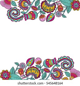 fun colorful decorated frame with stylized flowers and leaves in cartoon style