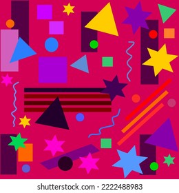 Fun and colorful design of squares, circles, triangles, stars and rectangles on dark pink background
