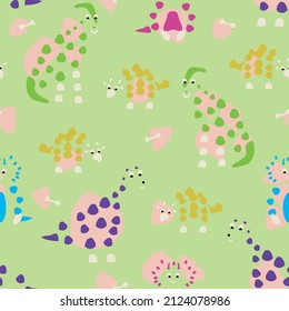 Fun colorful dinosaurs with cute faces, spots, and bones. Baby and birthday print. Vector illustration. Seamless pattern.