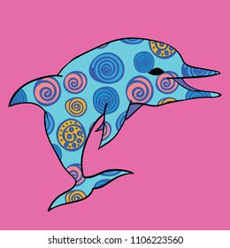 Fun and colorful dolphin drawing on a pink background, vector illustration, EPS 8.
