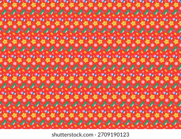 Padrão divertido e colorido de rabiscos com estrelas, lápis e flores. Ótimo para papelaria e design de tecido alegre.