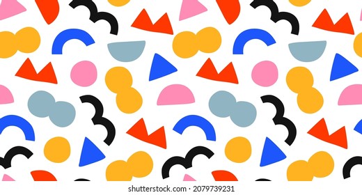 Fun colorful doodle seamless pattern. Creative minimalist style art background for children or trendy design with geometric shapes. Simple childish backdrop.