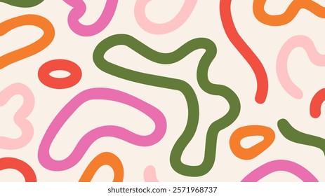 Fun colorful doodle shapes pattern on beige background. Curve bold lines, bundle, hand drawn scribble. Simple playful design.