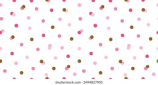 Lustige bunte Punkte nahtlose Muster. Rosa und goldene Punkte auf weiß. Vergoldete Metallstruktur. Einfache Mädchenkulisse. Design für Karten, Partyeinladungen, Verpackungen, Textilien, Anzeigen und Oberflächendesign.