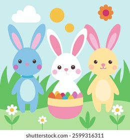 A fun and colorful Easter scene featuring three adorable bunnies surrounded by vibrant flowers and Easter eggs. This cheerful illustration captures the spirit of the holiday, perfect for greeting card