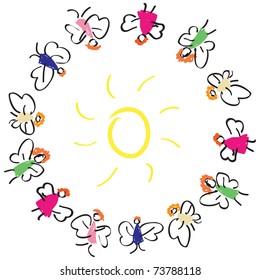 lot of fun colorful fairy flies around the sun