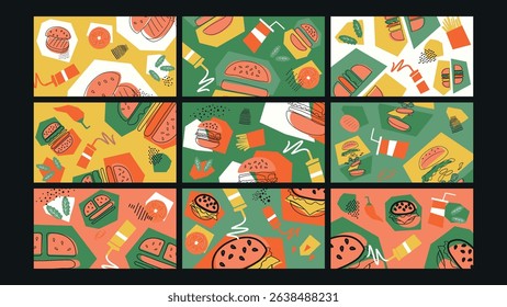 Fun and colorful fast food background with burgers, fries, drinks, sauce, and abstract shapes. Ideal for food branding, snack ads, cafe menus, or playful culinary visuals.