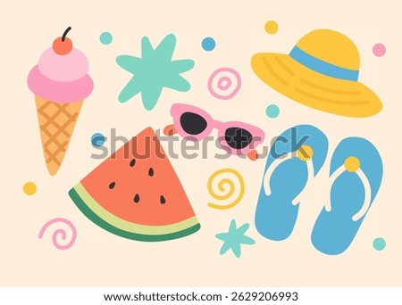 Fun and colorful flat summer illustration featuring ice cream, watermelon, flip-flops, hats, and sunglasses. Pastel tones with abstract doodles on beige background. Perfect for seasonal designs.