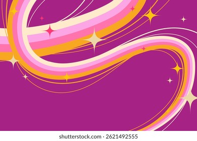 Fun Colorful Fluid Lines with Sparkling Stars on Purple Background. Creative retro cosmic swirls. Perfect for futuristic prints, party and space themes