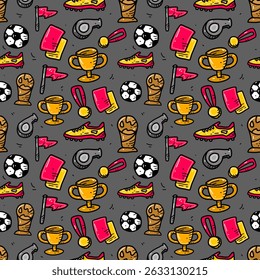 Fun and colorful football-themed seamless pattern with various soccer elements including trophies, gloves, and flags on a vibrant blue backdrop. Perfect for sports designs and themed backgrounds.