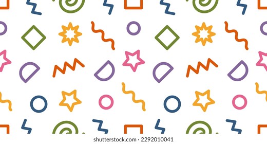 Fun colorful geometric doodles. Seamless baby pattern. Modern abstract background in 90s style for parties.