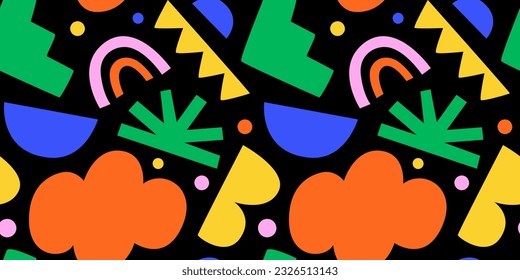 Fun colorful geometric shape doodle seamless pattern. Creative 90s style art background, trendy design with abstract color shapes on black backdrop. Repeat texture wallpaper print.