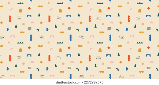 Fun colorful geometric shape seamless pattern. Creative abstract children style art background for kid education or trendy design with playful geometry shapes. Simple childish wallpaper texture. - Shutterstock ID 2272989575