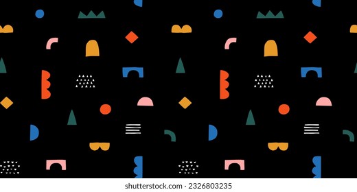 Fun colorful geometric shape seamless pattern. Creative abstract children style art background for kid education or trendy design with playful geometry shapes. Simple childish wallpaper texture.