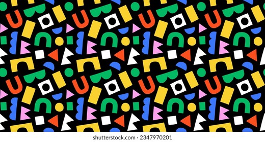 Fun colorful geometric shape seamless pattern. Creative abstract children style art background for kid education or trendy design with playful geometry shapes. Simple childish wallpaper texture.