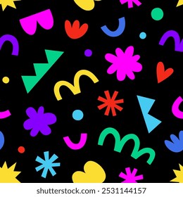 Fun colorful geometric shape seamless pattern. Creative abstract children style art background for kids, trendy design with organic geometry shapes. Simple childish wallpaper texture.