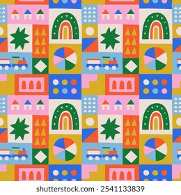 Fun colorful geometric shape seamless pattern. Abstract retro children style art background for kids, trendy design with geometry mosaic shapes. Simple childish patchwork wallpaper texture.