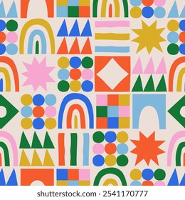 Divertido colorido padrão sem emenda forma geométrica. Abstrato crianças retro estilo fundo de arte para crianças, design moderno com geometria formas de mosaico. Textura de papel de parede de colcha de retalhos infantil simples.