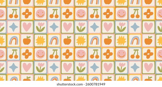 Fun colorful geometric shape seamless pattern. Abstract retro children style art background for kids, trendy design with geometry mosaic shapes. Simple childish patchwork wallpaper texture.