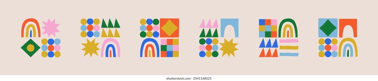 Fun colorful geometric shape set. Abstract retro children style art element for kids, trendy design with geometry mosaic shapes. Simple childish patchwork clip art decoration.