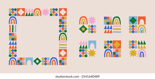 Fun colorful geometric shape set. Abstract retro children style art element for kids, trendy design with geometry mosaic shapes. Simple childish patchwork clip art decoration.