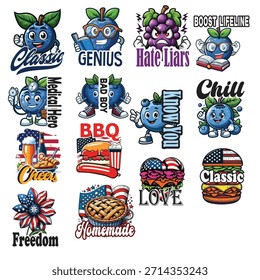 A fun and colorful graphic bundle featuring cute blueberry mascots with different moods, BBQ food illustrations, and patriotic American elements. Perfect for t-shirts, stickers, apparel, print-on Dema
