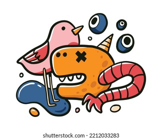Fun and colorful hand drawn doodle monster illustration in childish style
