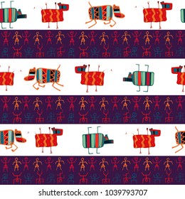 Fun and colorful hand drawn native tribe art design with African motives seamless pattern vector
