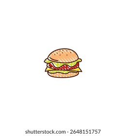 A fun and colorful hand-drawn illustration of a cheeseburger featuring lettuce, tomato, cheese, and a beef patty between two sesame seed buns. The cartoon-style artwork is simple and charming, perfect