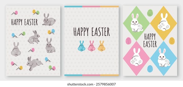 Fun and colorful Happy Easter cards featuring playful bunnies. Vibrant designs with holiday and spring vibes.