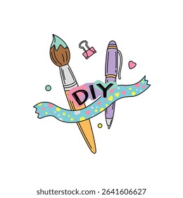 Fun and colorful illustration of DIY craft supplies, including a paint brush, pen, and paper clip with "DIY" text on a banner.