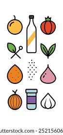 A fun and colorful illustration of ingredients for cooking, including tomatoes, garlic, onion, lemon, herbs, salt and oil. This cute and playful illustration is perfect for recipe books, food blogs.