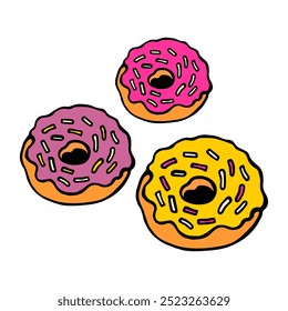 A fun and colorful illustration of three glazed donuts with sprinkles, perfect for dessert-themed designs and bakery projects