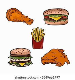 Fun and colorful junk food vector illustration featuring burgers, fries, soda, and snacks. Perfect for fast food branding, menu designs, posters, and playful culinary content.