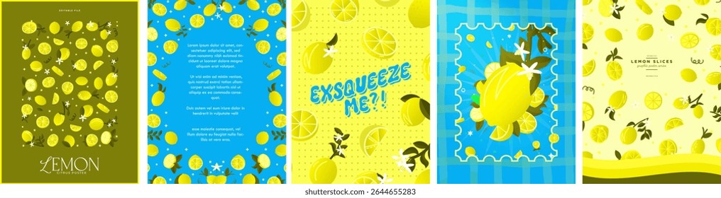 Fun and colorful lemon fruit poster greeting card templates. Patterned Illustrations of lemon fruits, flowers, and slices on colored background with doodle elements. Citrus theme posters. Vector.