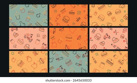 Fun and colorful line art background featuring burgers, fries, drinks, and grills in a fast-food themed illustrated backdrop.