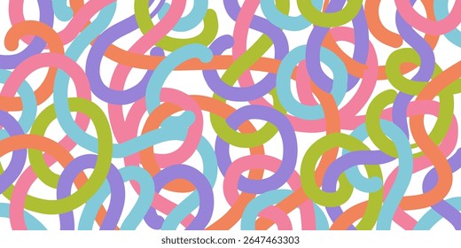 Fun colorful line doodle horizontal pattern on white. Creative art background for children or trendy design with basic shapes. Party confetti texture