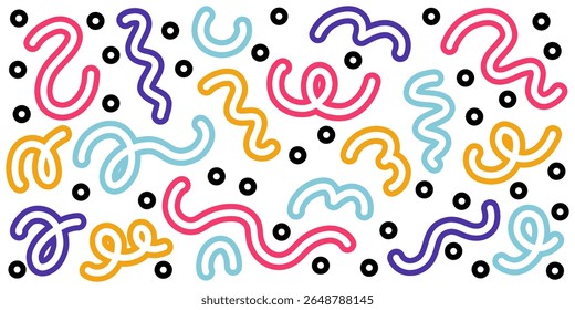 Divertido colorido línea doodle Horizontal telón de fondo en blanco. Fondo de arte creativo para niños o diseño de moda con Formas básicas. Textura de confeti de fiesta 