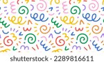 Fun colorful line doodle seamless pattern. Creative minimalist style art background for children or trendy design with basic shapes. Simple party confetti texture, childish scribble shape backdrop.